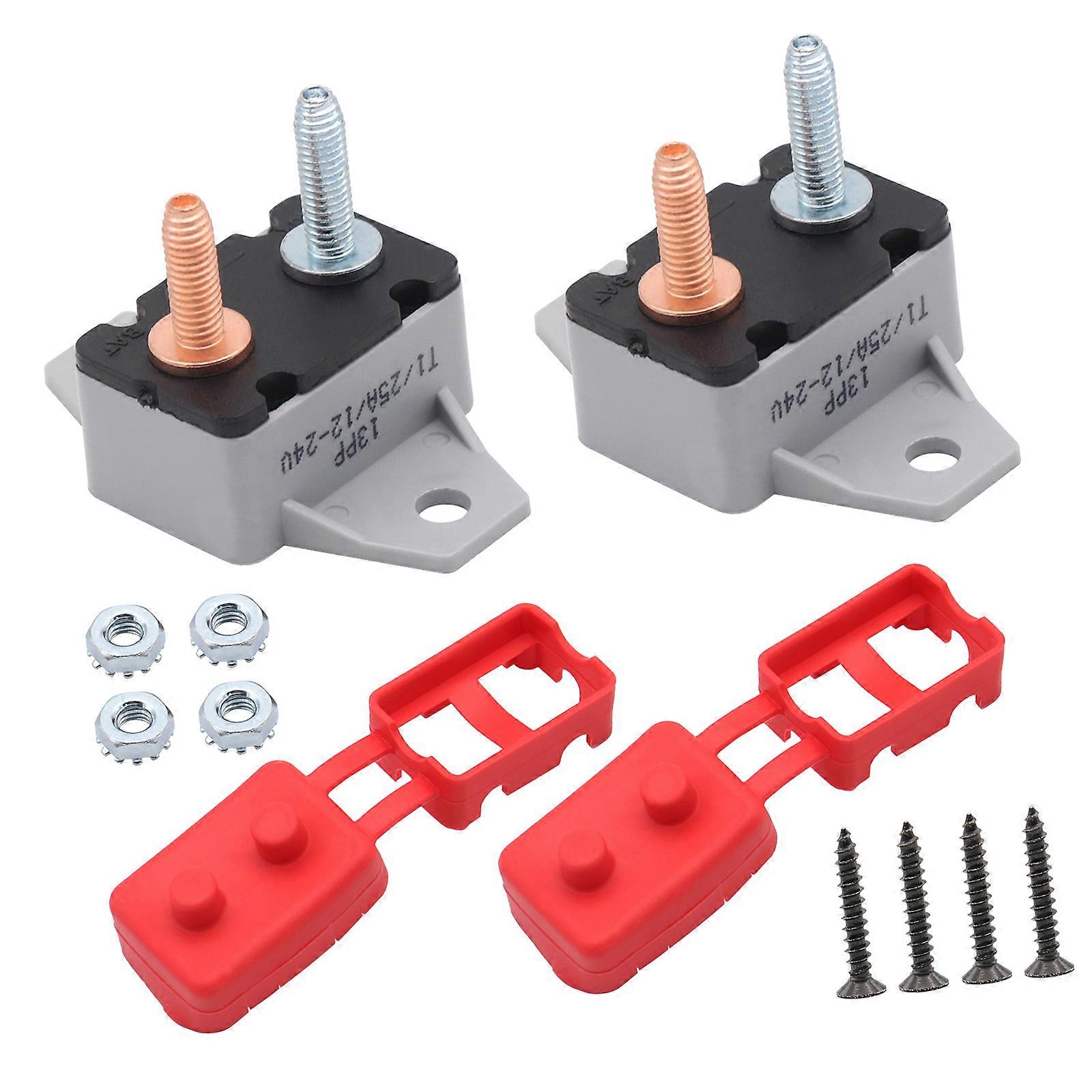 2Pcs Auto Recovery 25A Circuit Breaker Red Coated Plastic Body With Fixed Mounting Holes For 12V/24V Electrical Systems Multicolor