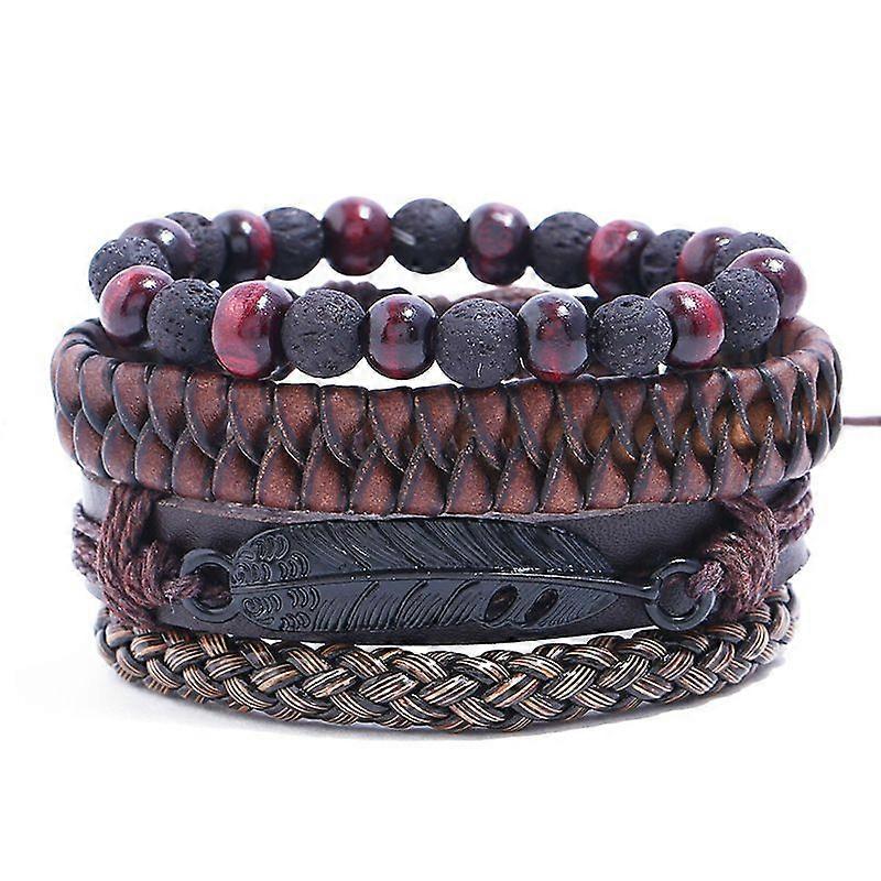 Alloy Feather Vintage Cowhide Bracelet Set - Alloy Feather Men's Multi-Layer Weaving Bracelet - Alloy feathers hand-woven cowhide bracelets