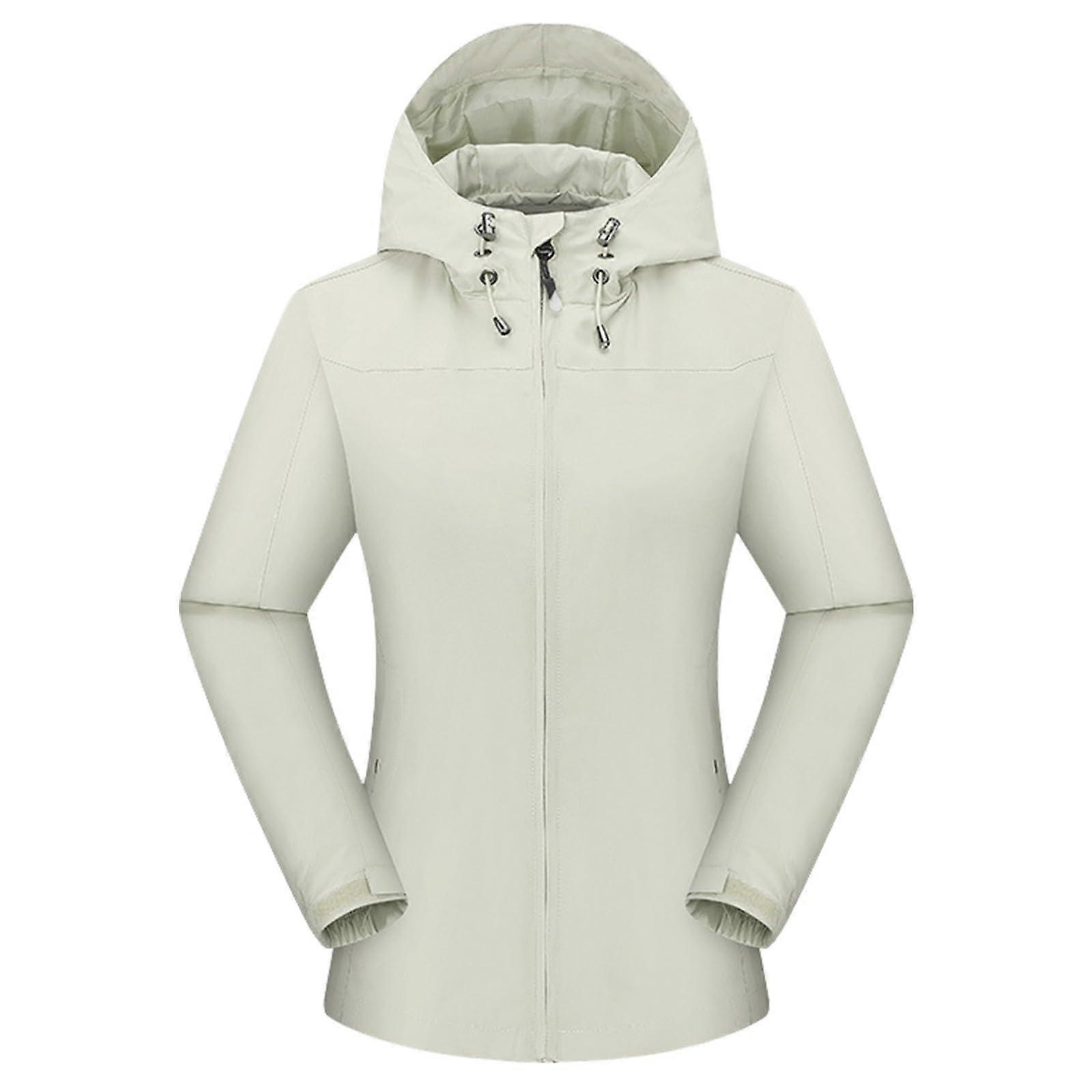 Women's Waterproof Breathable Long Transition Rain Jacket Lined Parka Large Size Beige XXL Spring Windbreaker