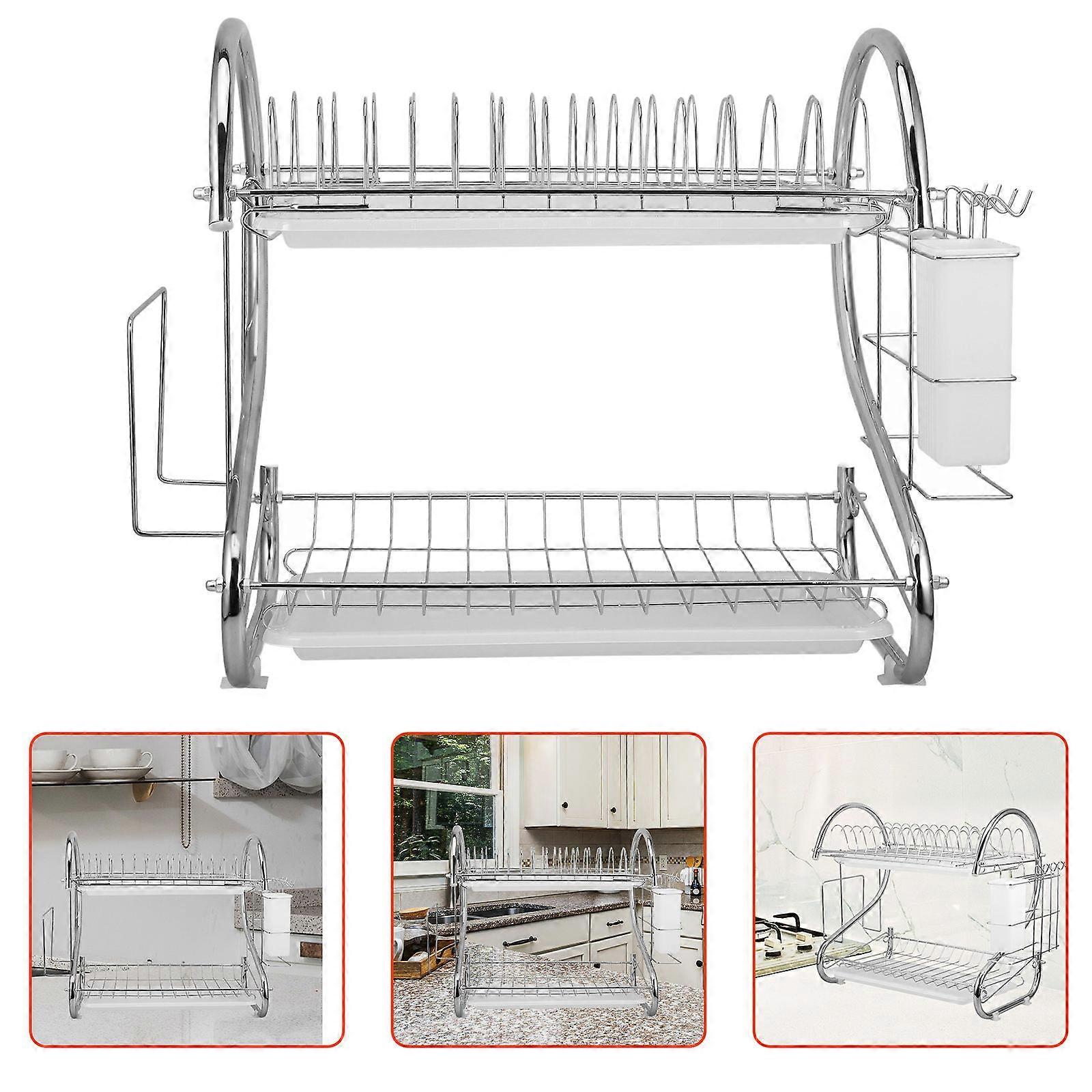 Double Layer Storage Stand Silver Dish Drain Rack Space-Saving Kitchen Storage