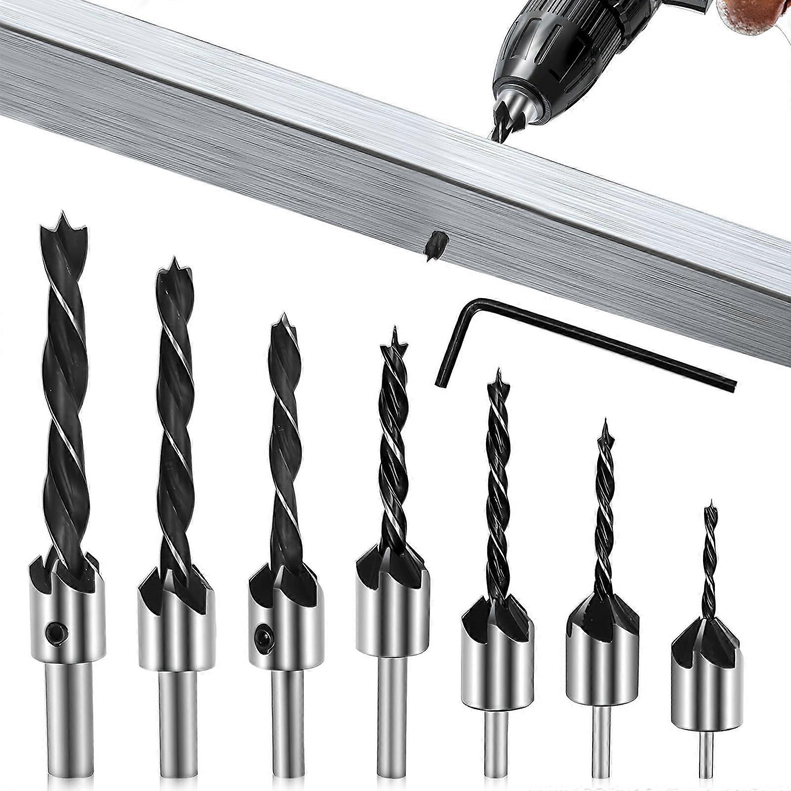 Drill with Countersink 7-Piece Wood Drill Set, 3-10 mm Spiral Drill Bit for Wood Processing with Allen Keys