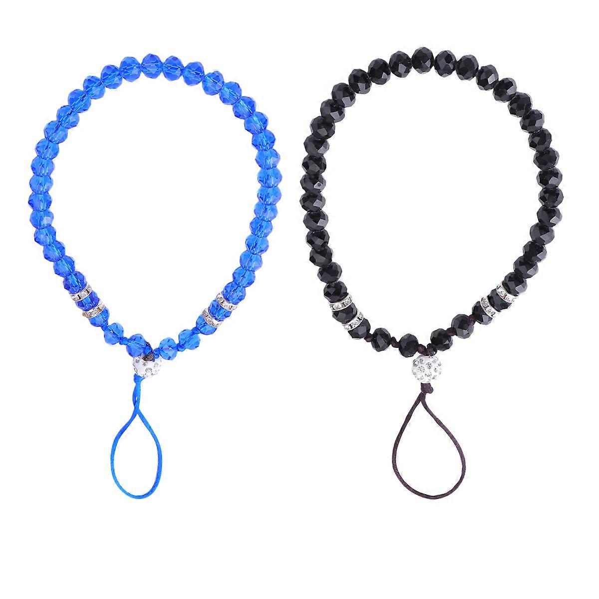 Beaded Cell Phone Lanyard Round Beads Daily Accessories for Hiking Biking Jogging Cycling Running Errands 20*0.5*0.5cm Black 2Pcs