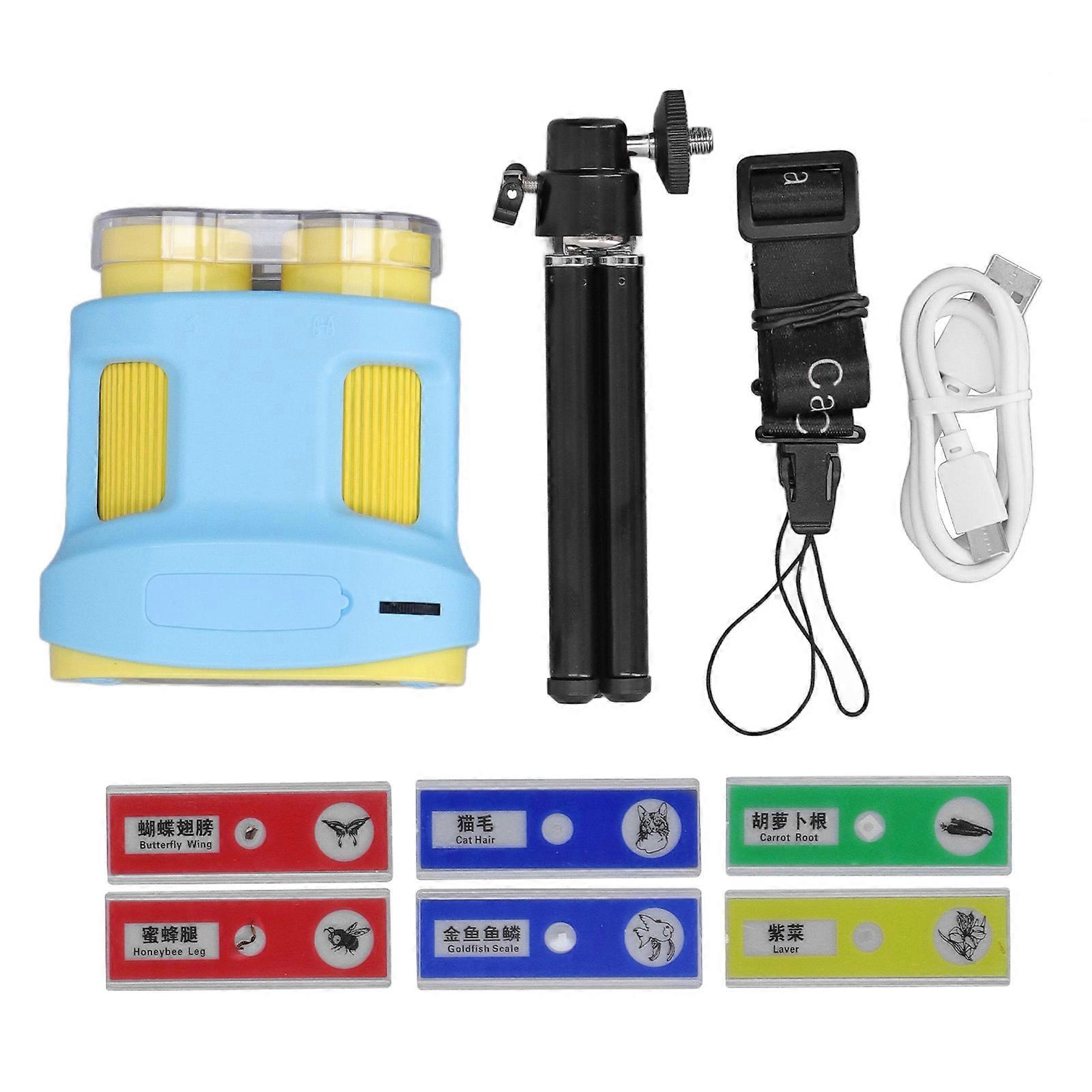 Handheld Dual Lens Microscope Camera with 2in LCD Screen 32G Storage Card Lanyard 6 Specimens Telescope 5‑200X Blue