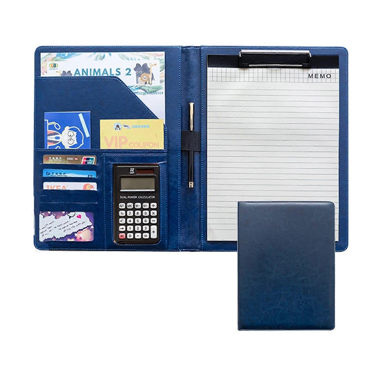 Conference Folder A4 Leather Document Holder with Clipboard, Writing Pad, Business Card and Pen Holder in Blue, 12-Digit Calculator
