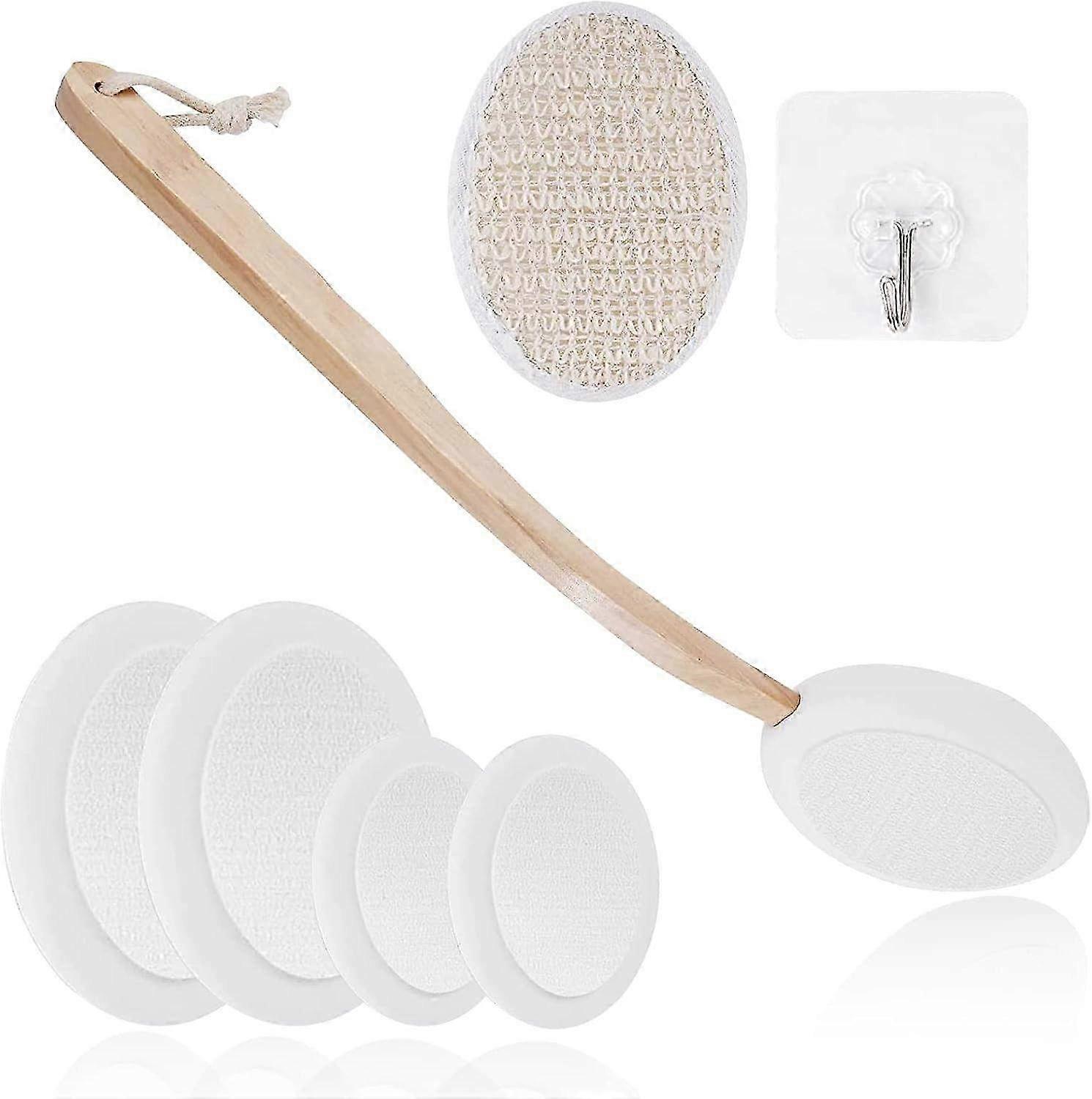 7-Piece Bath Brush Set - 2 Large Brushes, 2 Small Brushes, 1 Wooden Handle & 1 Bathroom Tool with Hook for Spa-Like Cleanliness