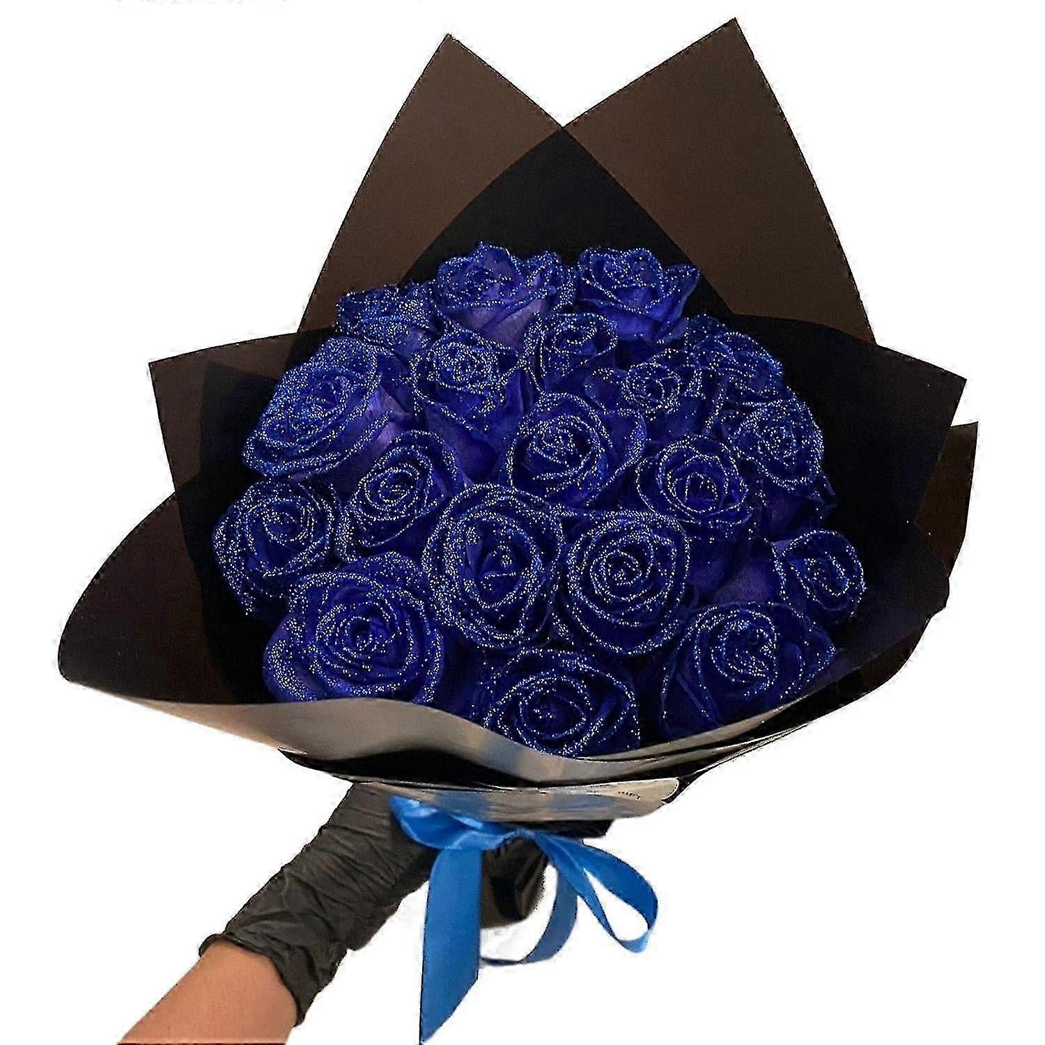 Blue Shiny Fake Roses Bouquet 12pcs Glitter Artificial Flowers for Wedding Valentine's Day Gift