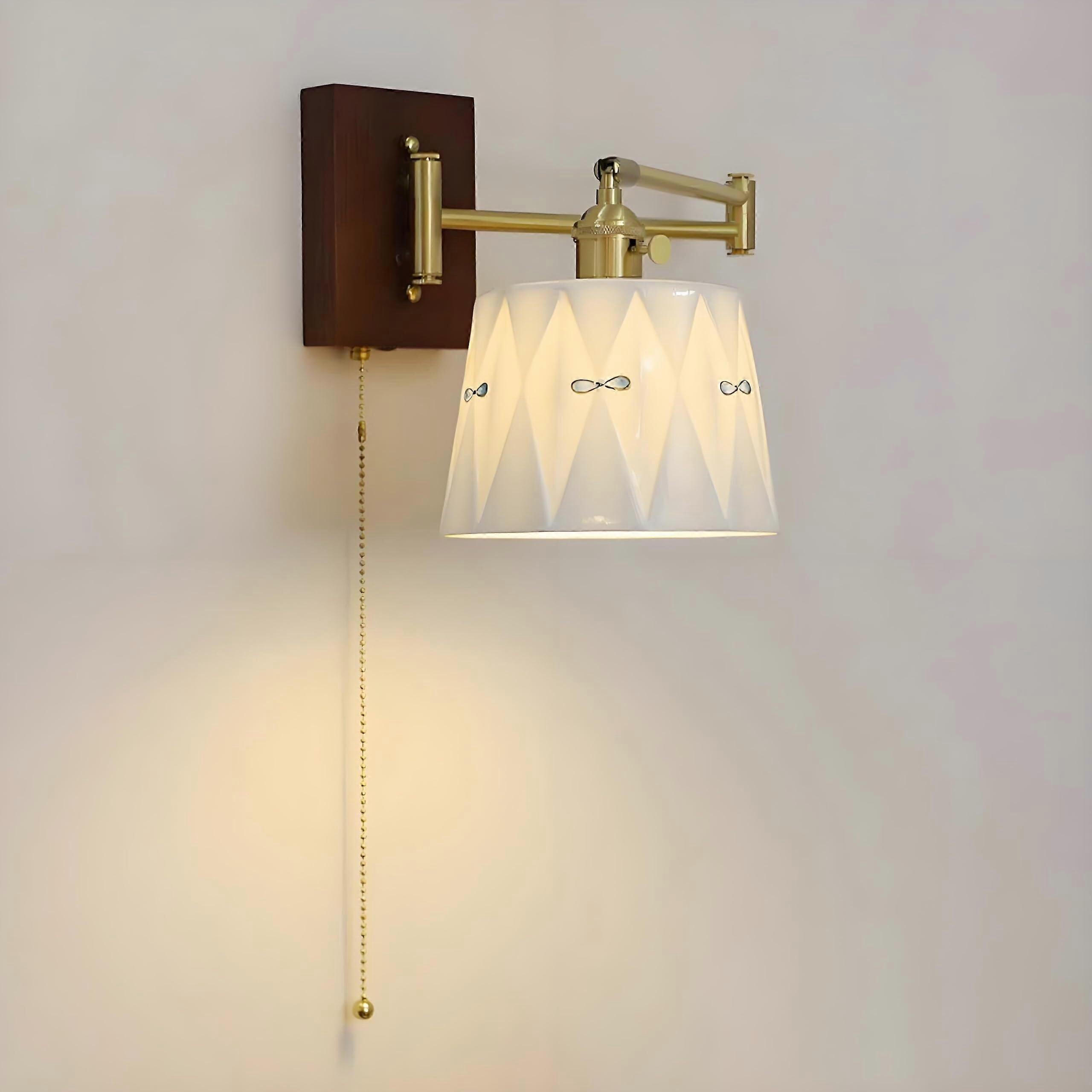 Retro Brass Wall Lamp Swing Arm Light with Pull Switch,Adjustable Swing Arm Ceramic Wall Reading Light,Bedroom Bedside Wall Sconce