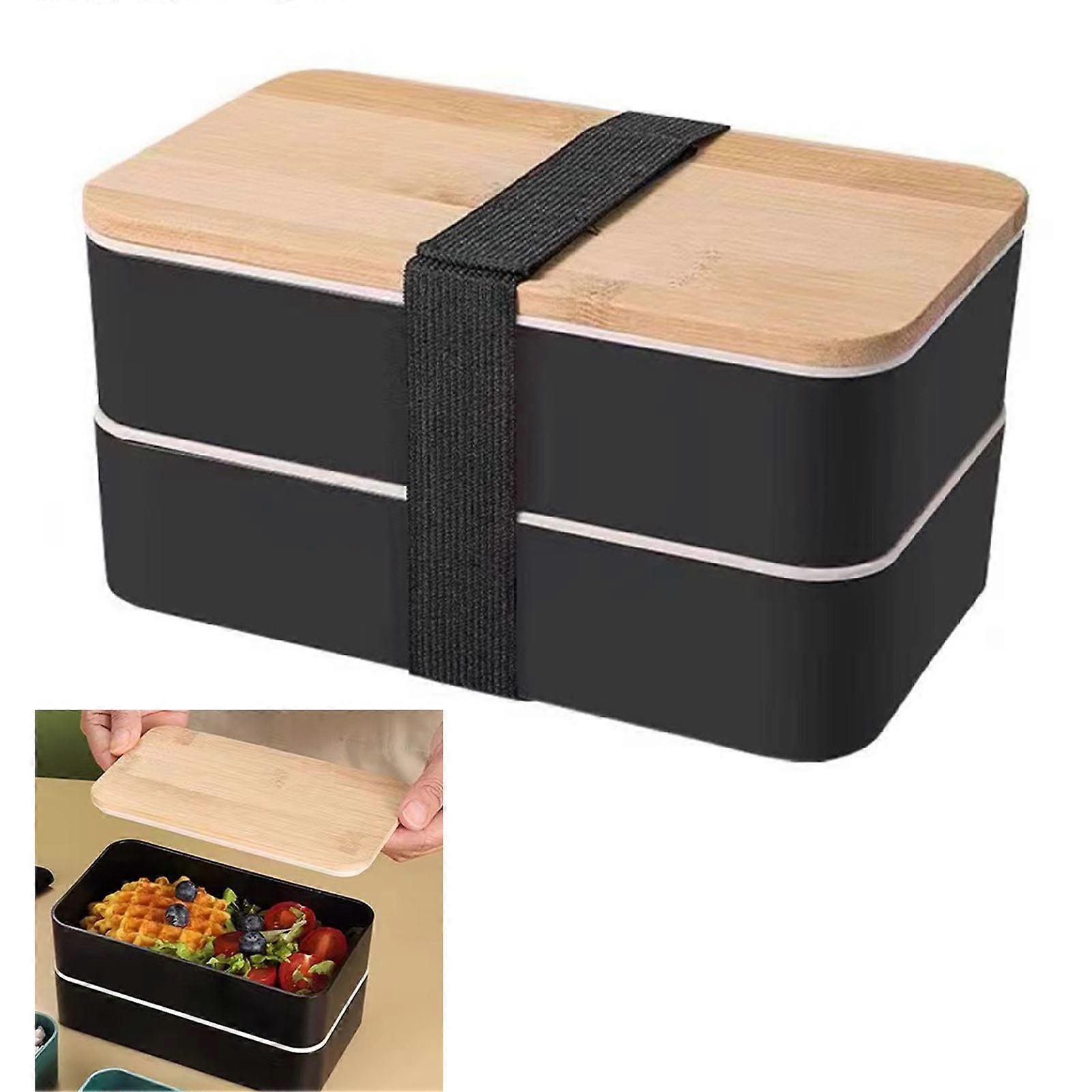 Double Layer Bento Box 1200ML Black 18.5x9x9cm with Bamboo Lid