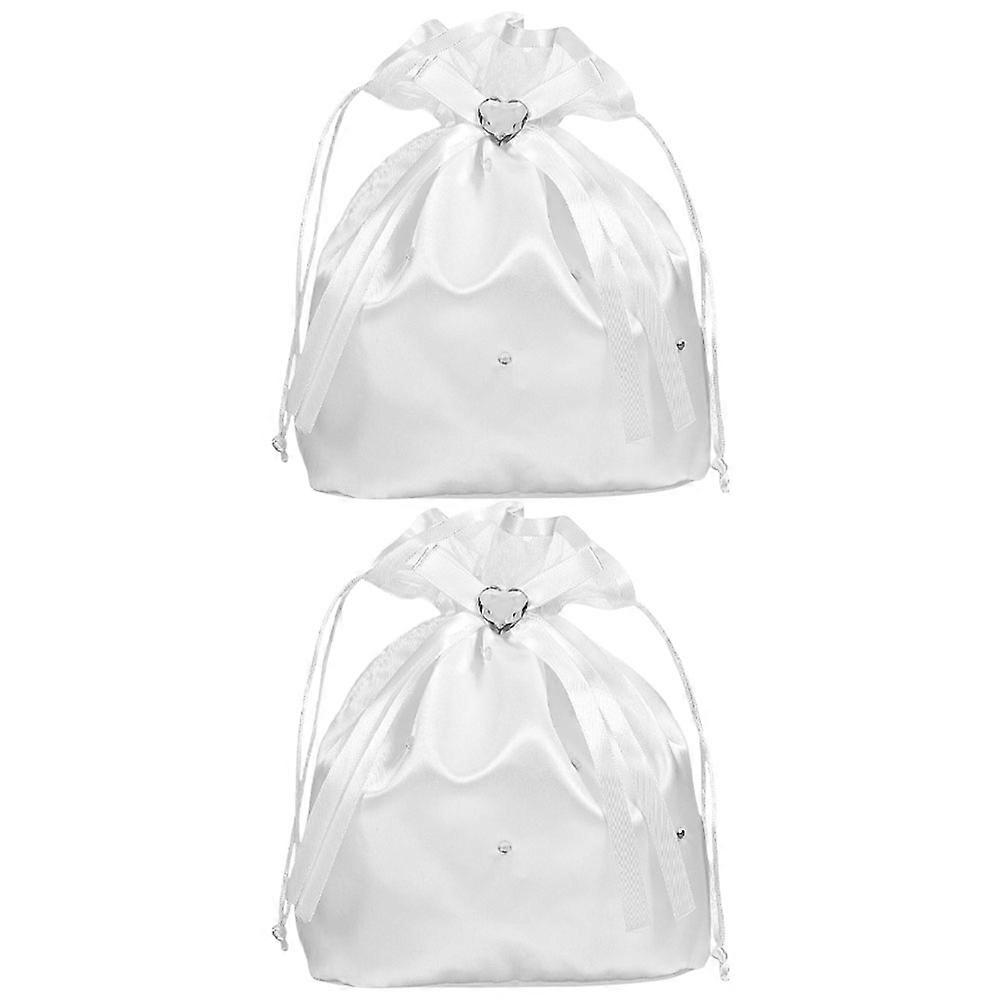 Wedding Money Bag White Satin for Bride 2Pcs Drawstring Handbag