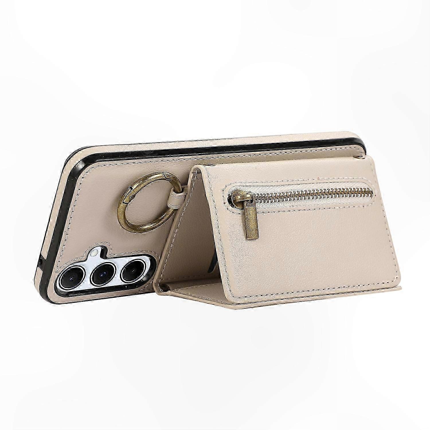 Leather Zipper Wallet Case with Shoulder Strap and Kickstand for 5G Smartphones