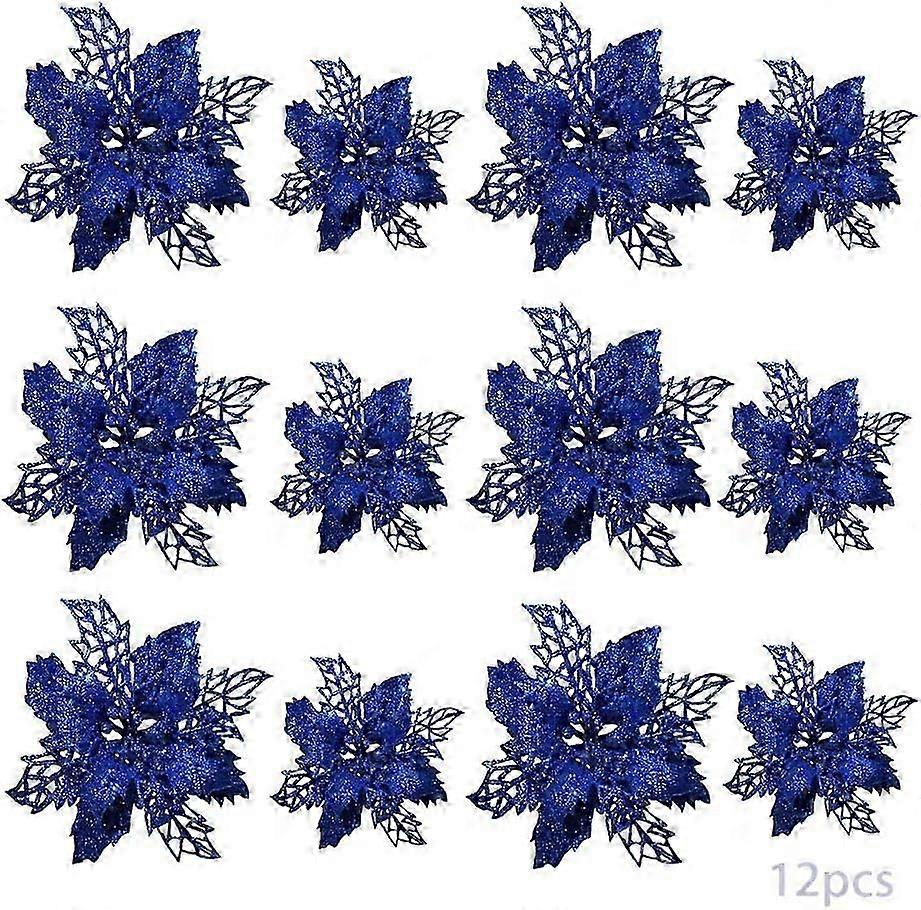 12Pcs Christmas Simulation Flower - Christmas Tree Decoration, Artificial Christmas Flowers (Blue)