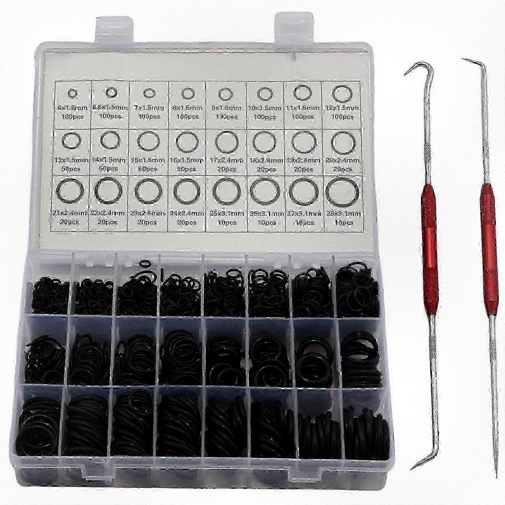 Assortment Kit of 1200pcs Nitrile Rubber O-Rings with Hook Tools, Oil-Resistant Gaskets, and NBR Sealing Rings for Multiple Applications