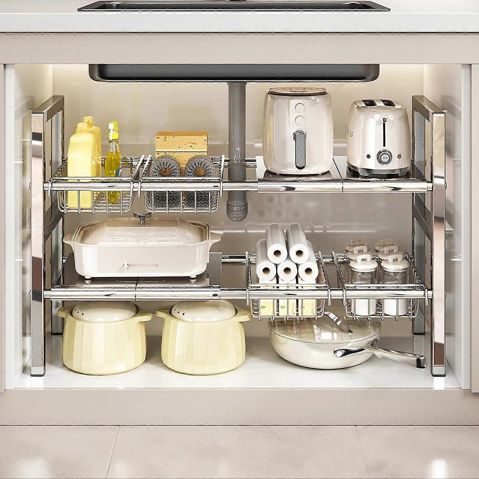 Under Sink Organizer 2Tier Expandable Stainless Steel Shelf, Adjustable Height, 4Panel 4Basket Storage LargeSize