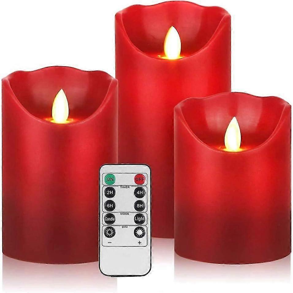 3 Set Flameless LED Candles Battery Operated with 10 Key Remote Control and 24 Hour Cycling Timer, Red Real Wax Flickering Moving Wick Sparkling Amber