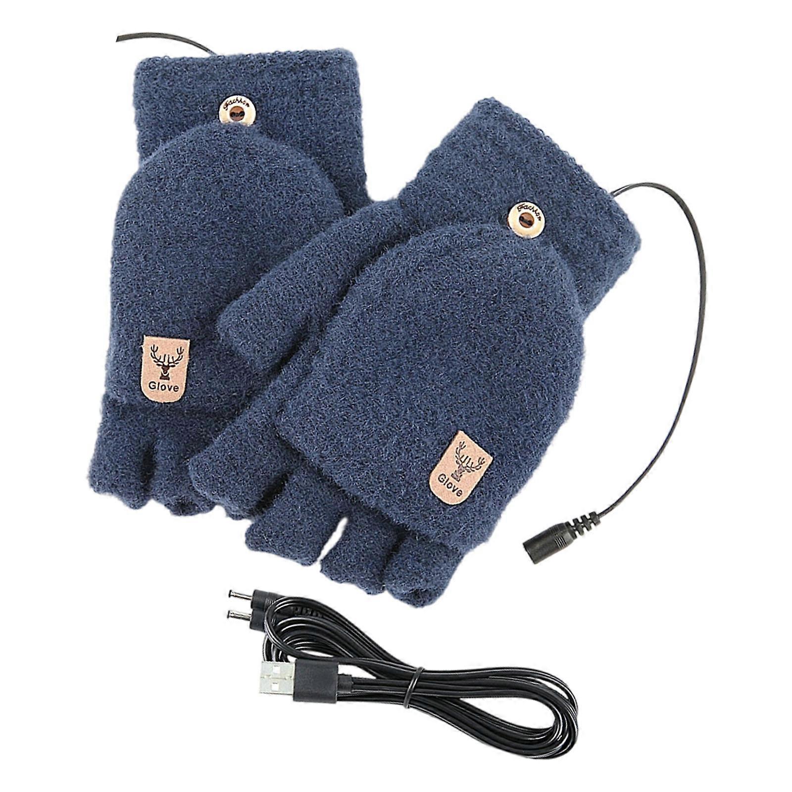 Warmth USB Gloves 5V Heating System Flip Top Fingerless Design Plush Lining For  Navy Blue