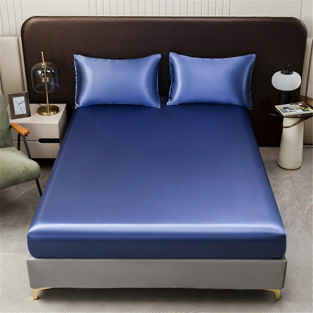 Satin Sheet Set with Fitted Sheet and Pillowcase, Smooth Machine Washable Bedding, Twin 2Pcs Sapphire