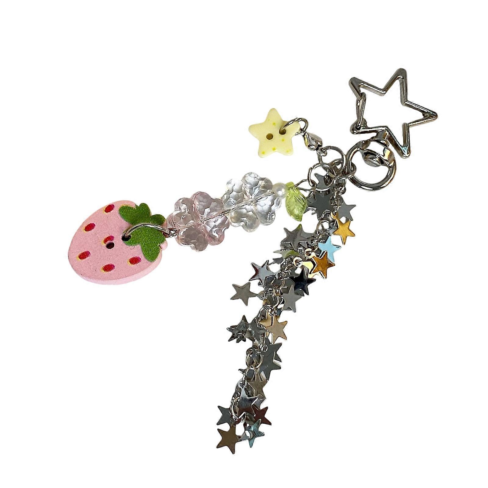 Strawberry Clovers Charm Keychain With Starry Chain And Button Accents For Bags Or Keys Retro Japanese Style Accessory Multicolor