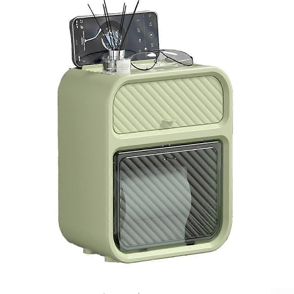 Tissue Box with Drawer Double Layer Wall Sticker Storage Box Waterproof Portable For Bathroom Kitchen Green