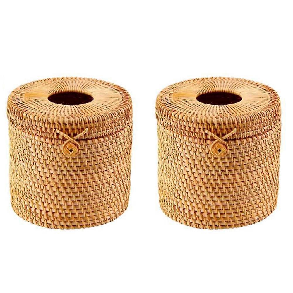 2Pcs Rattan Tissue Box Toilet Paper Cover Wicker Decorative Holders with Lid for Storage Single Roll and Tissues