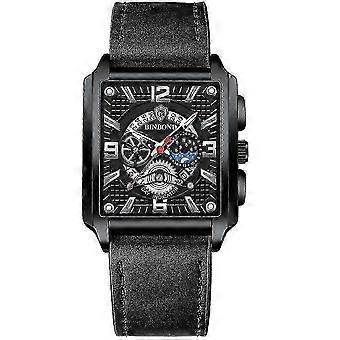 x BINBOND B6575 Heren Vintage Vierkant Multifunctioneel Lichtgevend Quartz Horloge, Kleur: Zwart Leer-Zwart-Zwart