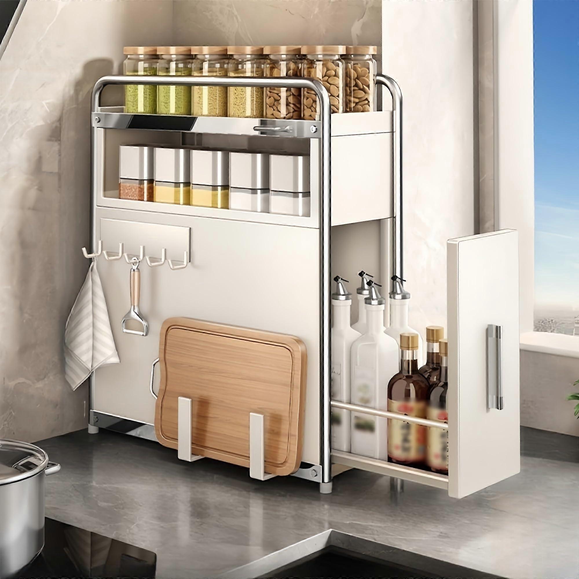 Spice Rack Organizer with PullOut Design, Magnetic Hooks and Extra Shelf for Kitchen, White 14.6'x6.5'x18.9'