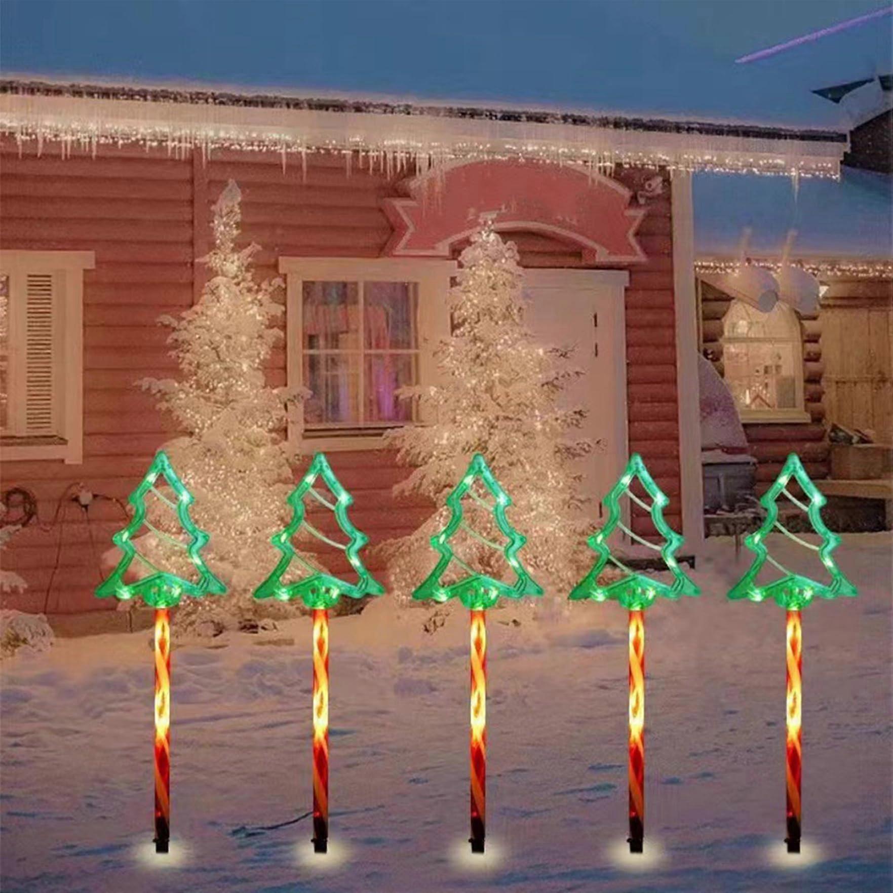 5Pcs Solar Christmas Pathway Lights Tree Shape Waterproof LED Outdoor Decorations for Yard Walkway