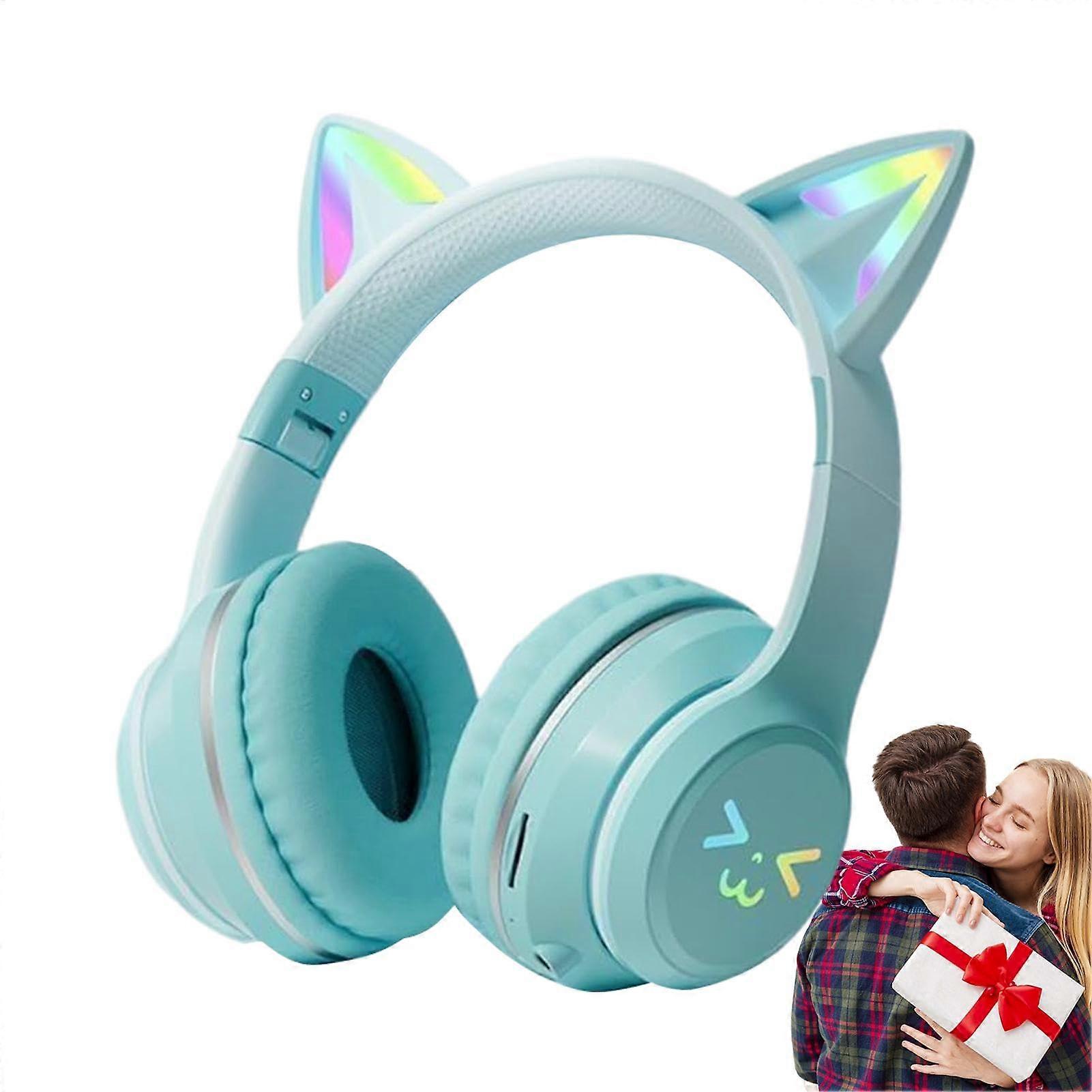 Cat Ear Headset Wireless Foldable OverEar Headset Green LED LightUp, PC & Phone Compatible, ChildFriendly Design