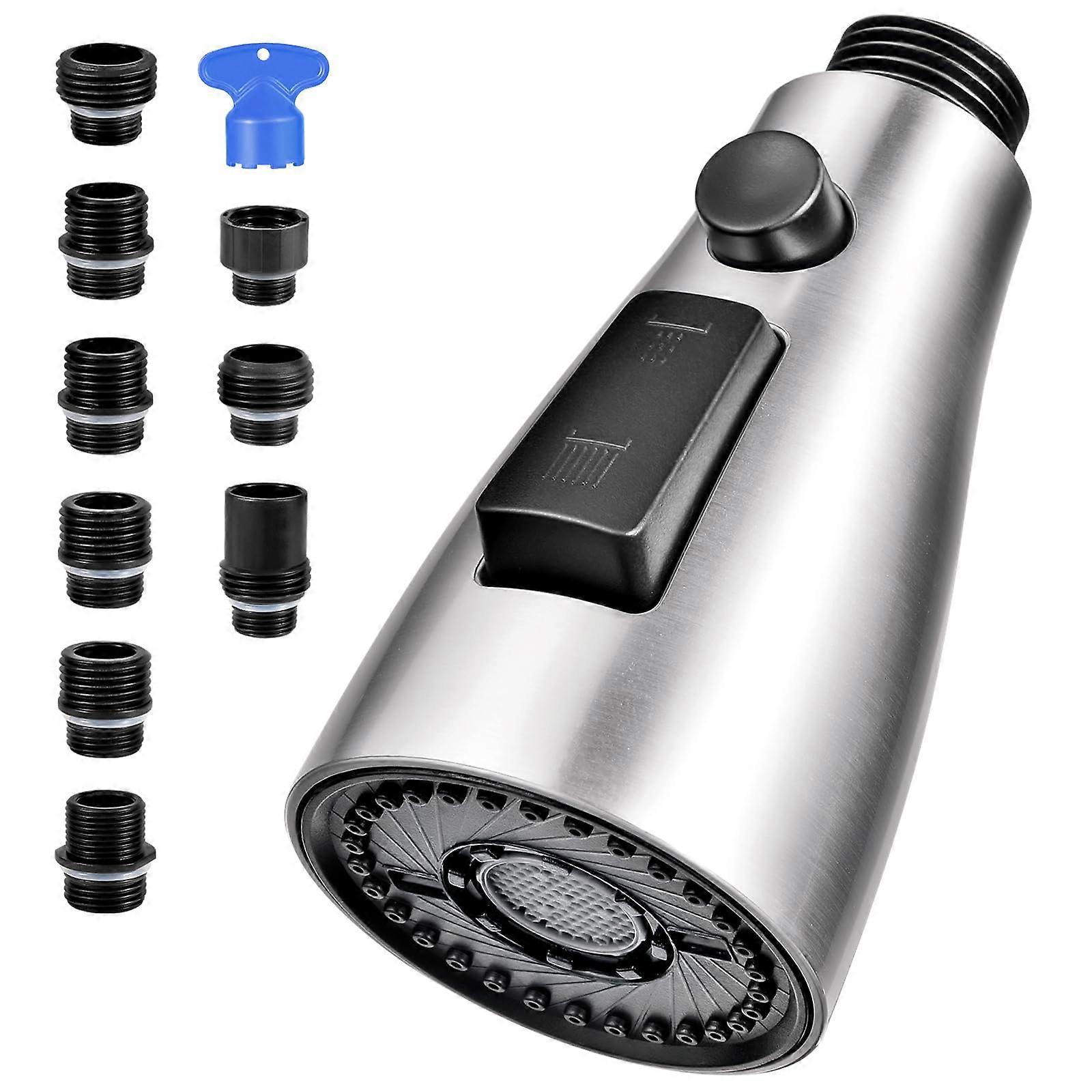 Kitchen Faucet Head Replacement with 3 Modes, Brushed Nickel Pull Down Sprayer and 9 Adapters