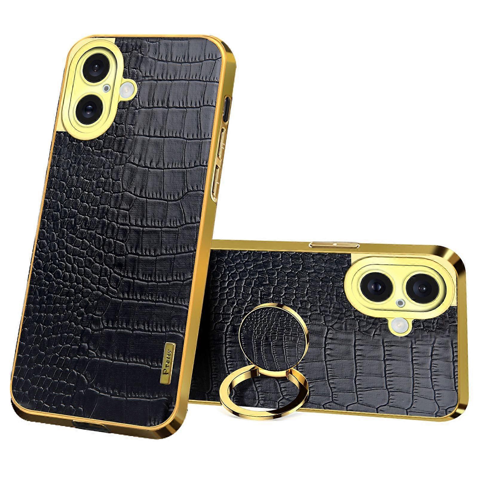 For iPhone 16 Case Crocodile Texture Ring Kickstand TPU+Leather Electroplating Phone Cover