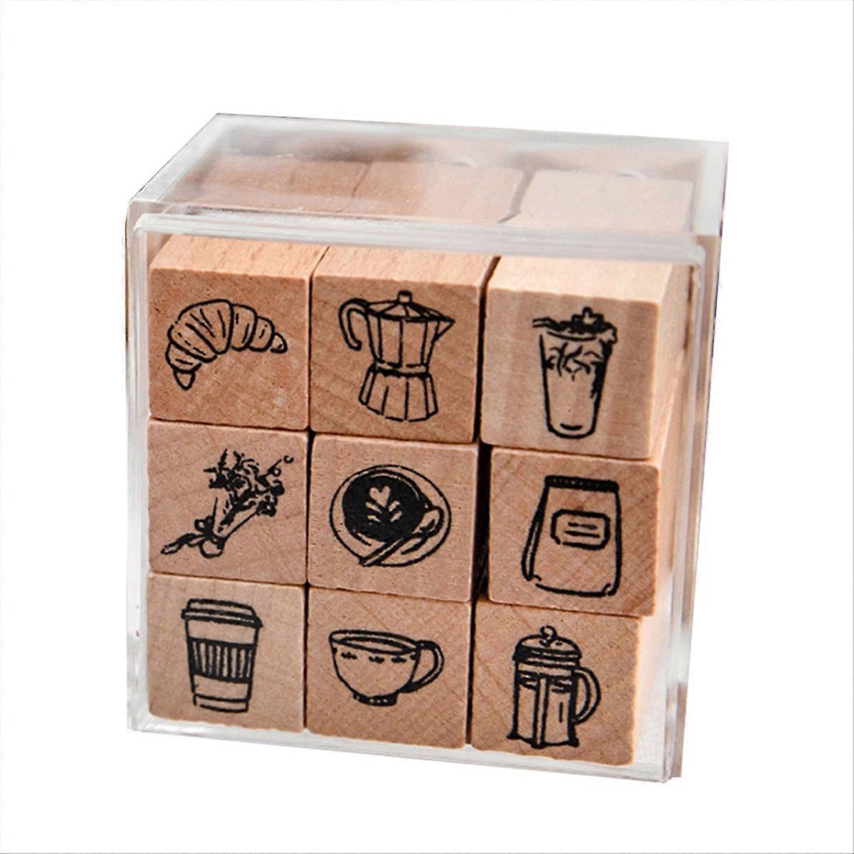 9pcs/Set Cute Cartoon Mini Pattern Wooden Stamps B