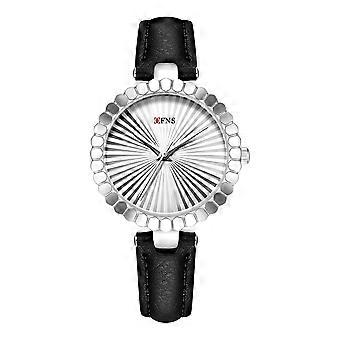 Watch Scalloped Silver Bezel Black Leather Strap Office Casual Evening