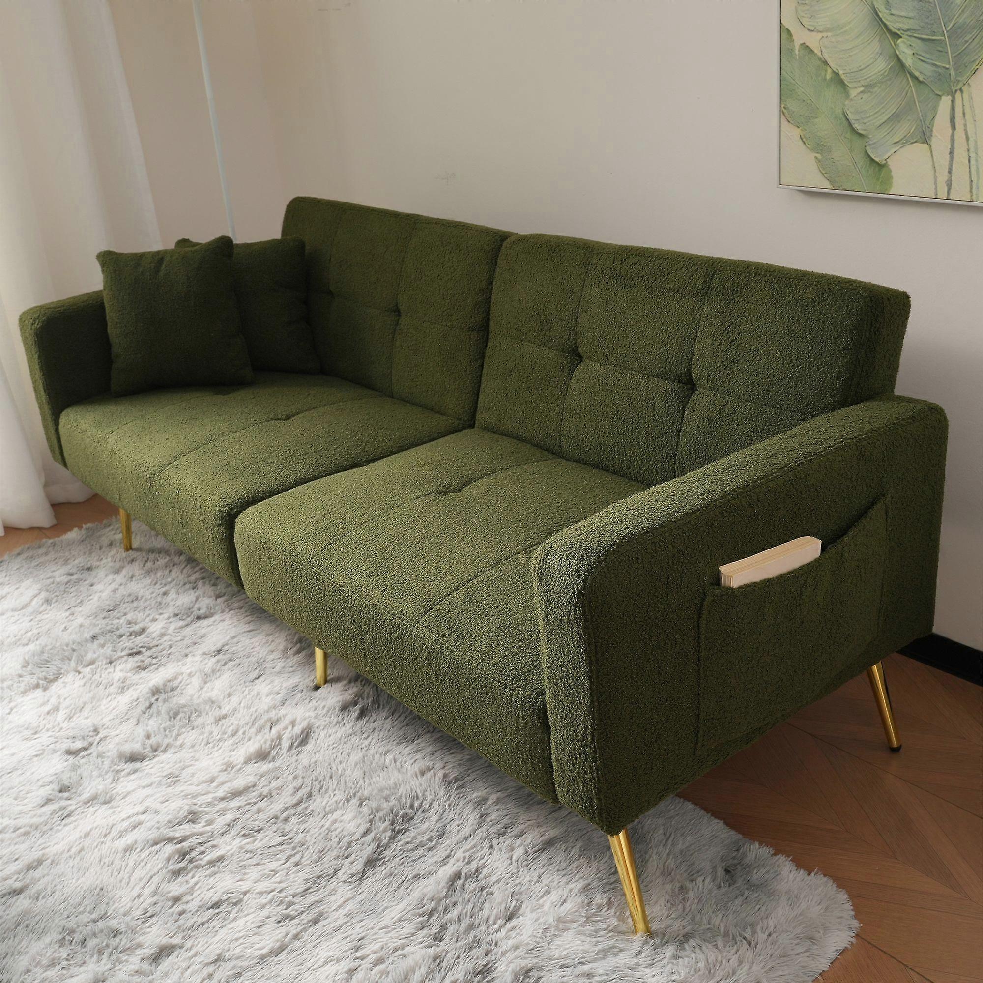 The sofa bed has a bed function, three adjustable backrest angles, gold legs, cushions and side storage pockets.