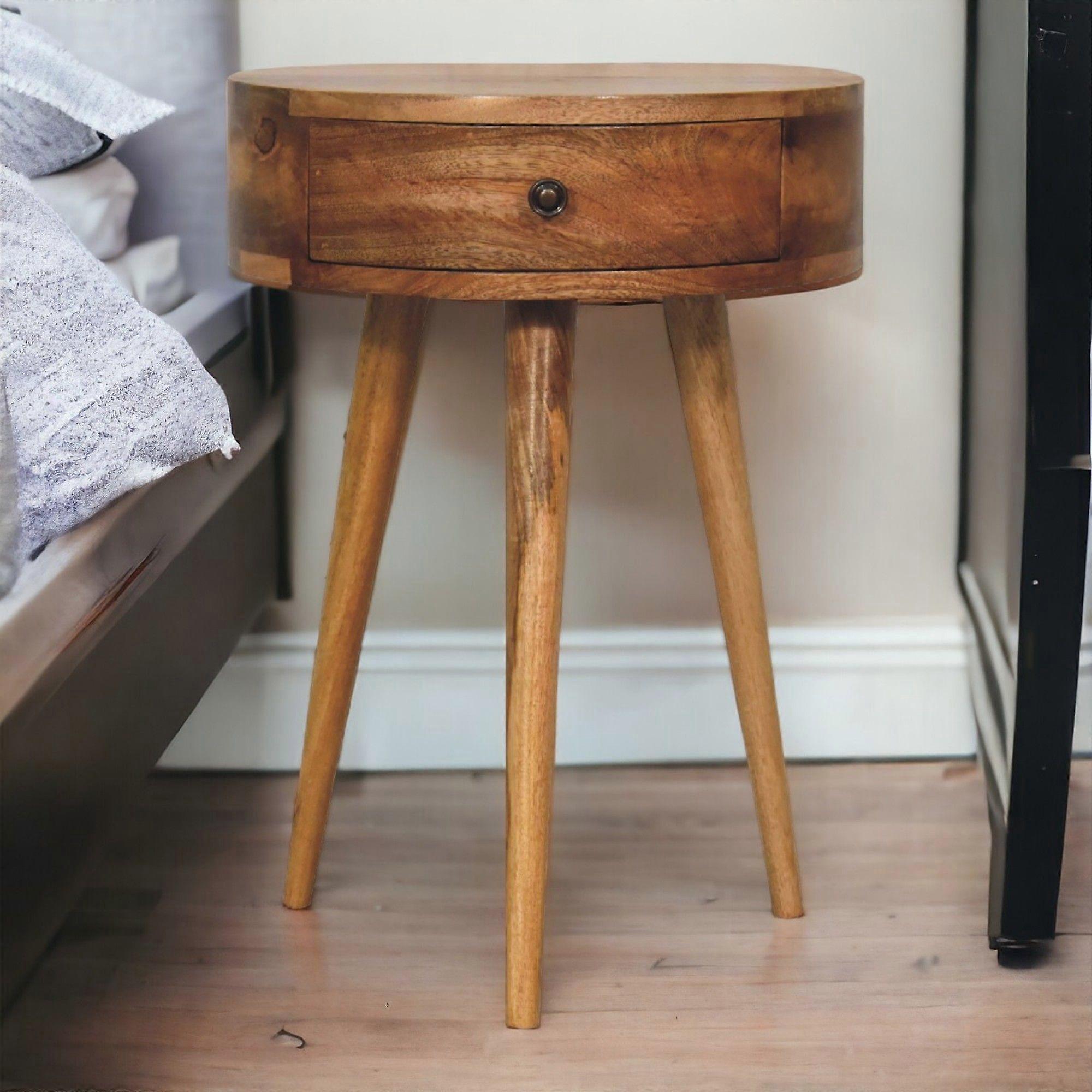 Solid Wood Mini Oak-ish Circular Shape Bedside, 1 Drawer, Brown