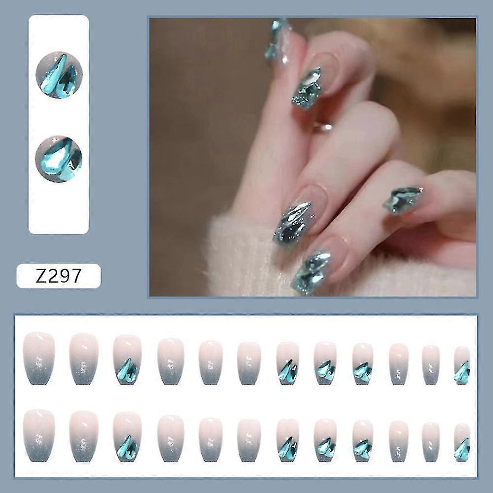 French Gradient Blue False Nails Teardrop Shape Diamonds False Nails