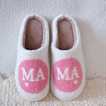 Plush Warm Slippers with MAMA Letter Embroidery, Non-Slip TPR Sole Cozy Indoor House Shoes for Women and Men