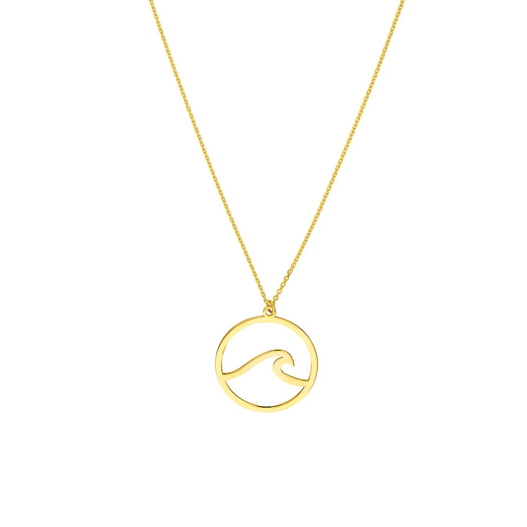 Colar ajustável com pingente de onda em círculo em ouro amarelo 14k, fecho lagosta, 45 cm (18 polegadas), para mulheres.