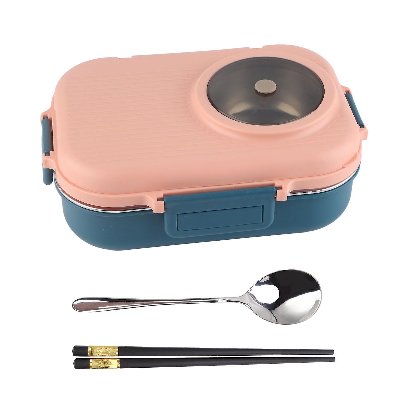1100ml Thermal Lunch Box Double Layer 3 Grid Design 304 Stainless Steel Bento Box with Chopsticks Spoon and Soup Bowl Pink