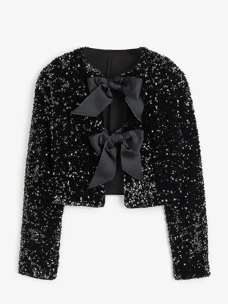 Moda Tatil Kravat ön Payetli Ceket Kadınlar Için Y2k Parlak Şık Kırpılmış Ceket Kadın Zarif Uzun