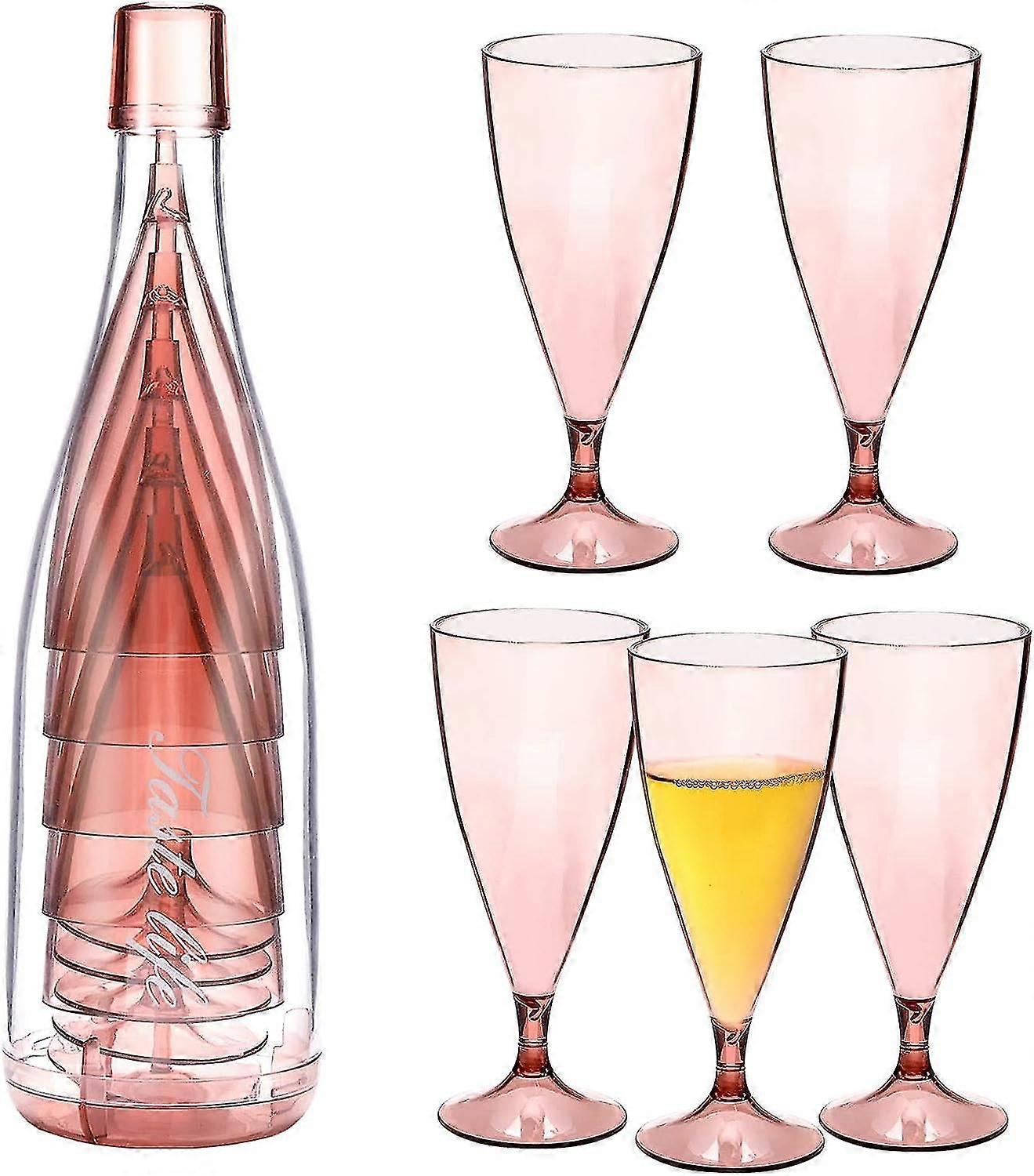 Set Of 5 Stackable Champagne Flutes Set, Reusable Unbreakable Wine Glasses With Bottle Container