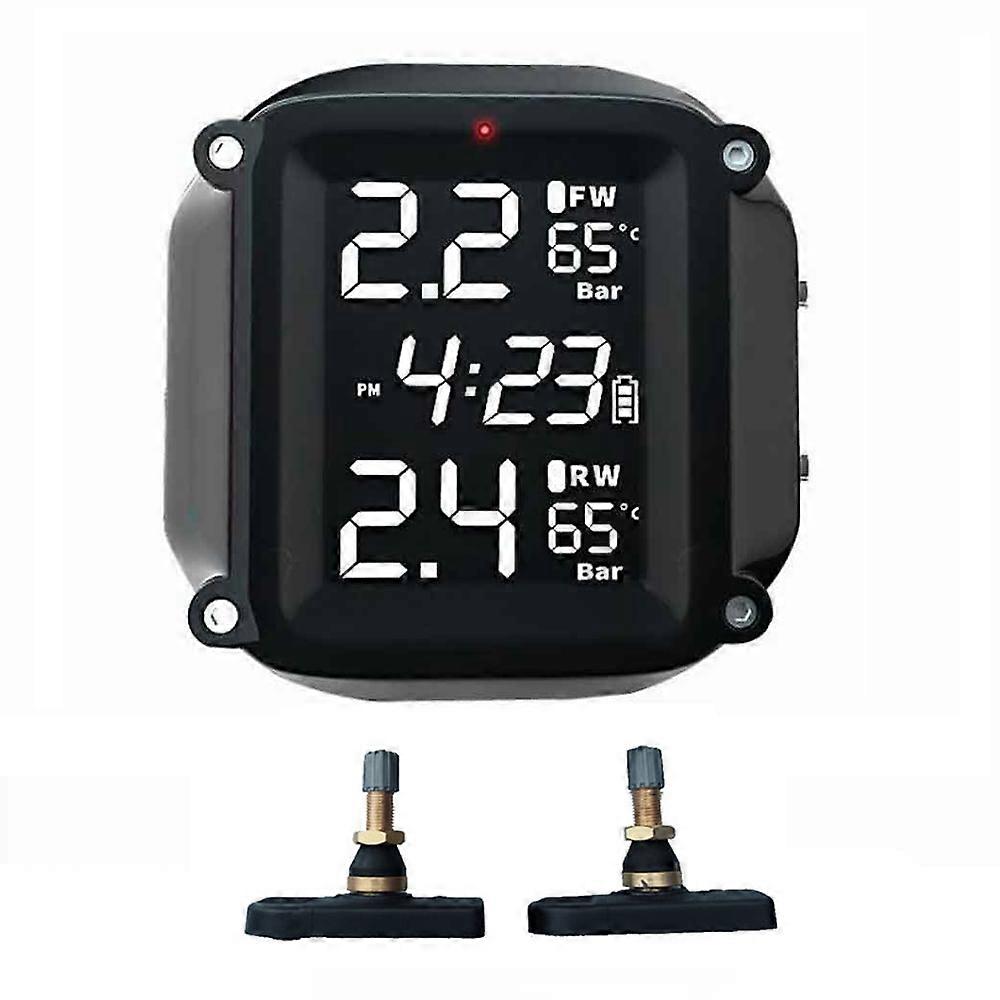 Trådløs Motorsykkel TPMS Dekktrykkovervåkingssystem 2 stk Ekstern Sensor LCD Tidsvisning Dekktemperaturmonitor Alarm
