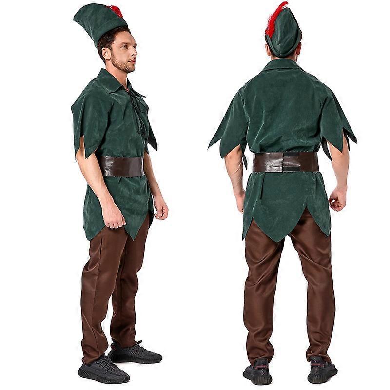 Adulti Uomini Fiabe Robin Hood Peter Pan Costume Cosplay Halloween Party Gioco di ruolo Fantasia Vestito 4pcs Set Verde L