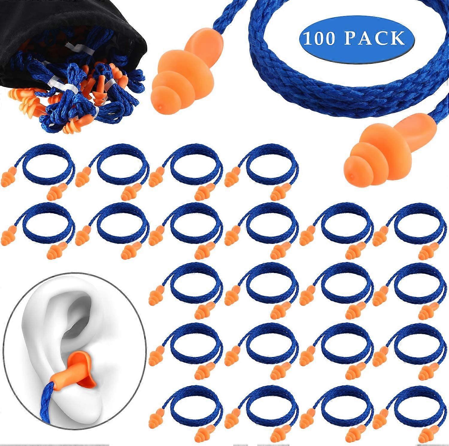 100 Pairs Corded Ear Plugs Silicone Noise Reducing Blocking Cancelling Soft Reusable Rubber