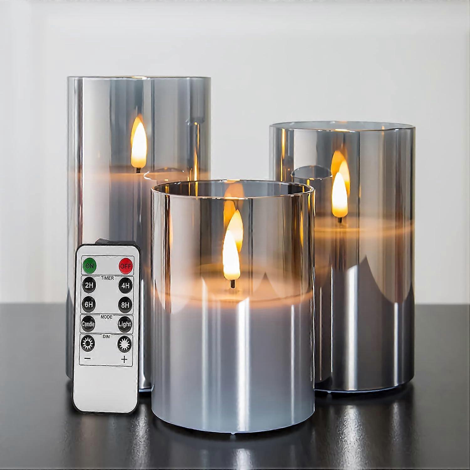 Grey Glass Flameless Candles Flickering, Realistic Battery Operated Electric LED Candles with Remote D 3" H 4" 5" 6"