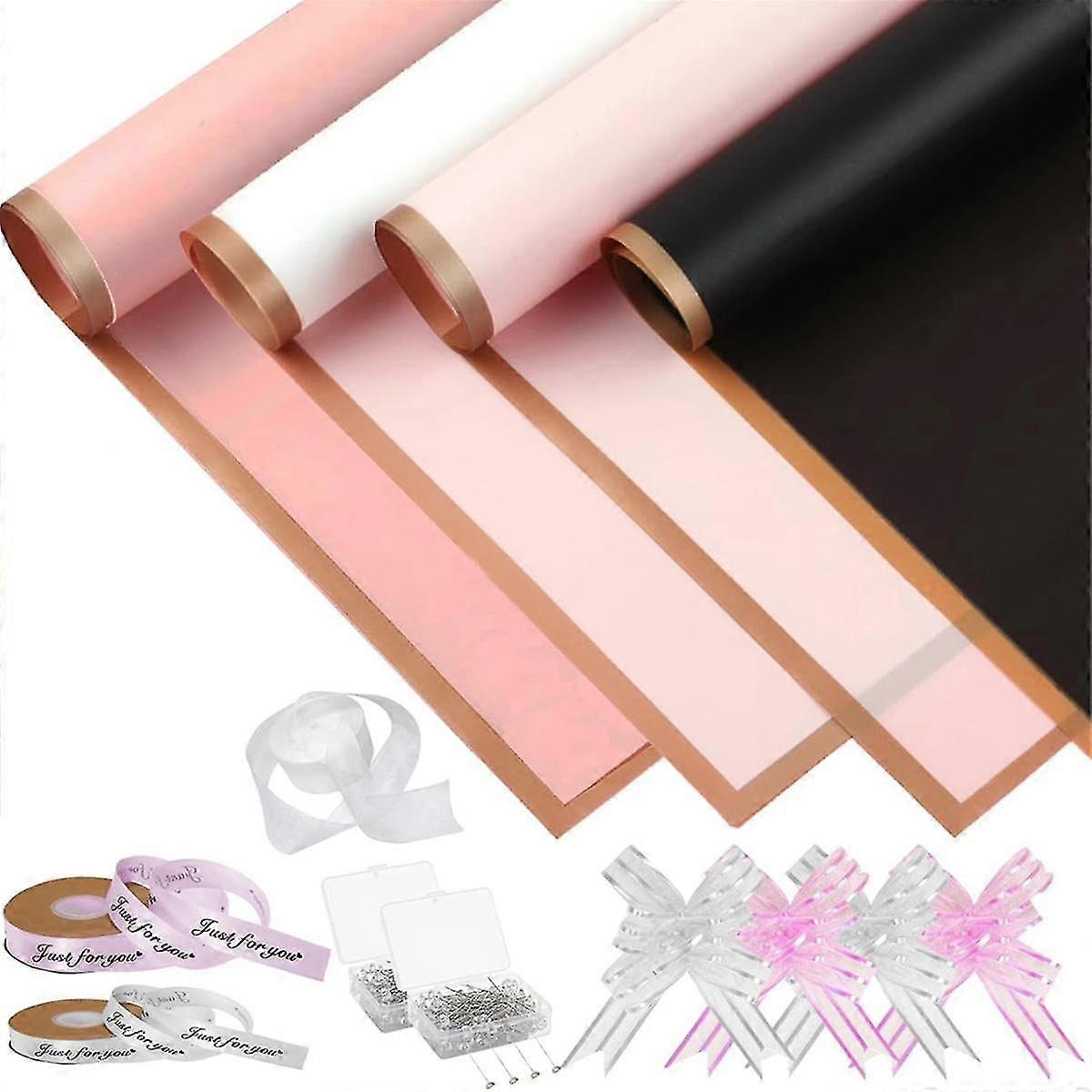 80 ورقة ورق تغليف زهور ، ورق تغليف أزهار وردي أسود مع شرائط ، لعيد الأم ، حفلات الزفاف ، عيد الشكر