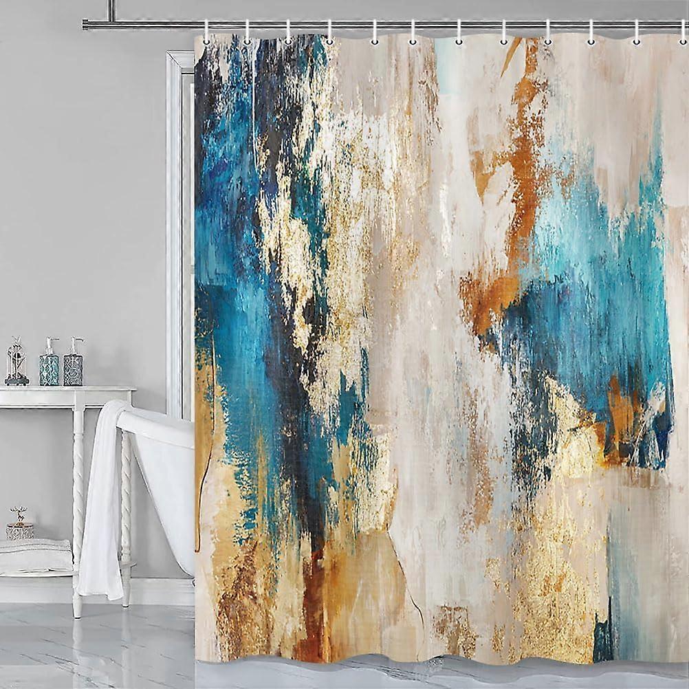 Abstracte penseelstreek blauwe douchegordijn voor badkamer, beige en goudgele douchegordijnen, modern schilderij boerderij esthetisch polyester waterdicht