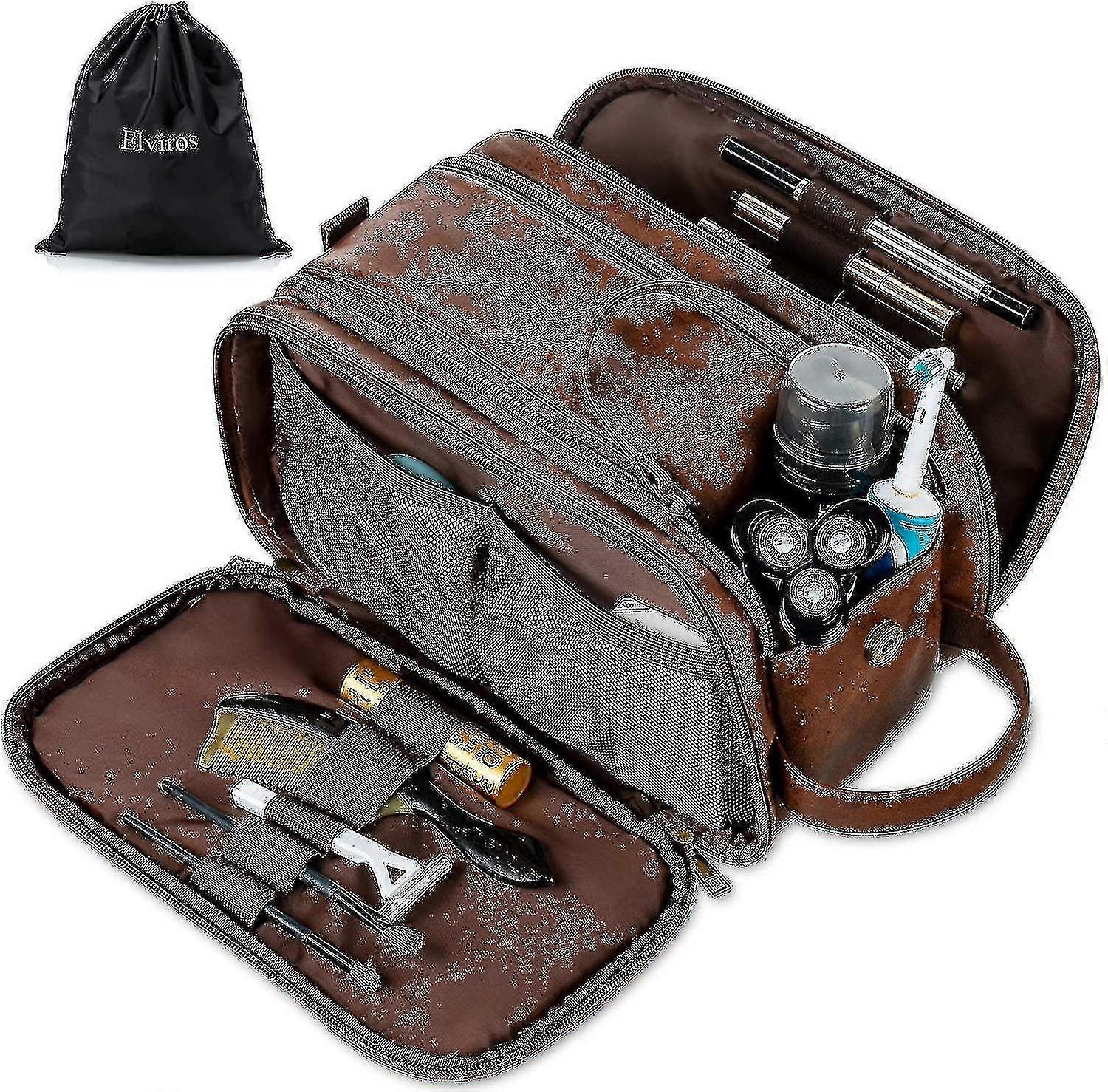 防水レザートイレタリーバッグ 男性用 大型トラベルウォッシュバッグ シェービングドップキット バスルーム ジム トイレタリー メイクアップオーガナイザー ウェットドライフリー