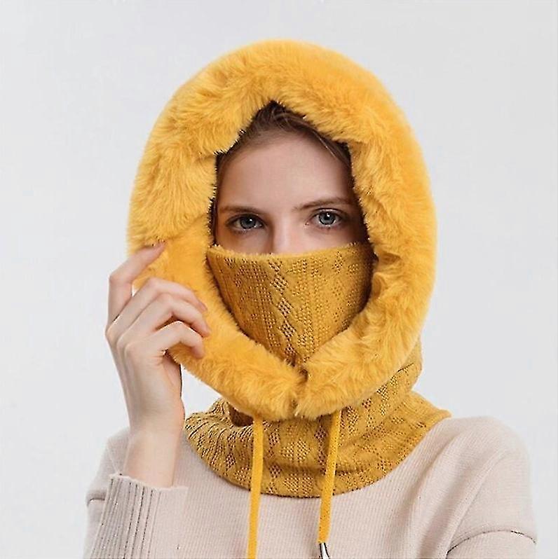Moda mulheres chapéu de inverno cachecol com capuz pele falsa malhado pescoço mais quente terno