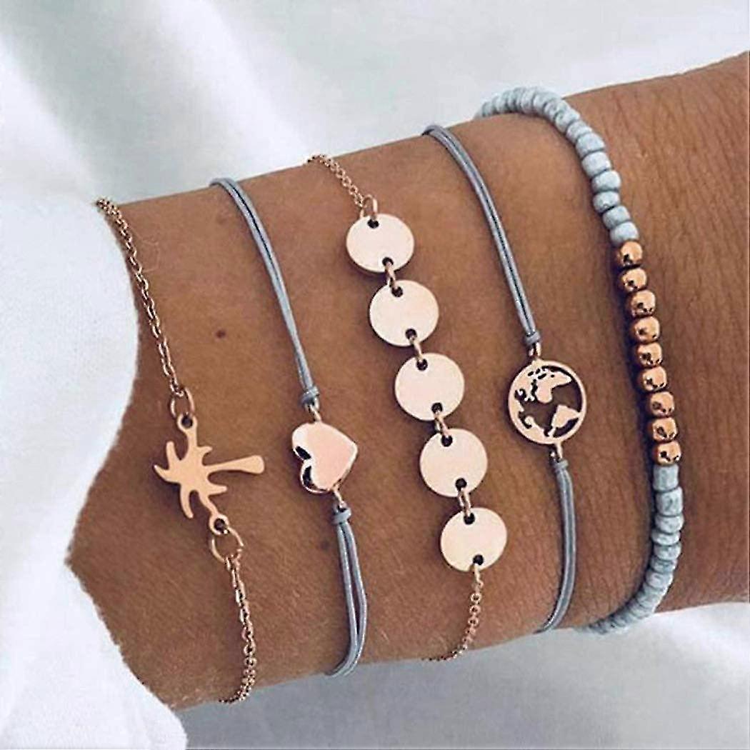 Gold Heart Sequin Layered Bracelets Bangle With Card Beads Handmade Adjustable