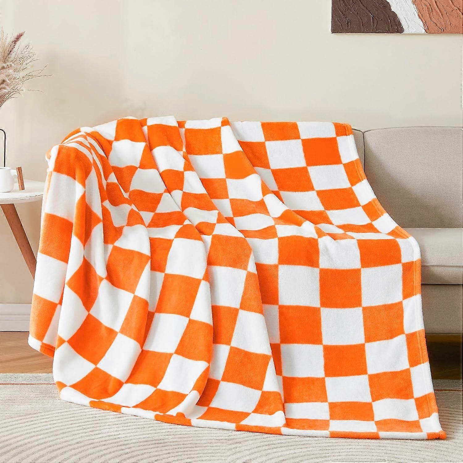 Checkered Throw Blanket for Couch and Bed, Luxurious Fleece Blanket with Checkerboard Grid Home Decor, Soft Cozy Orange and White Warm Blankets for Sp