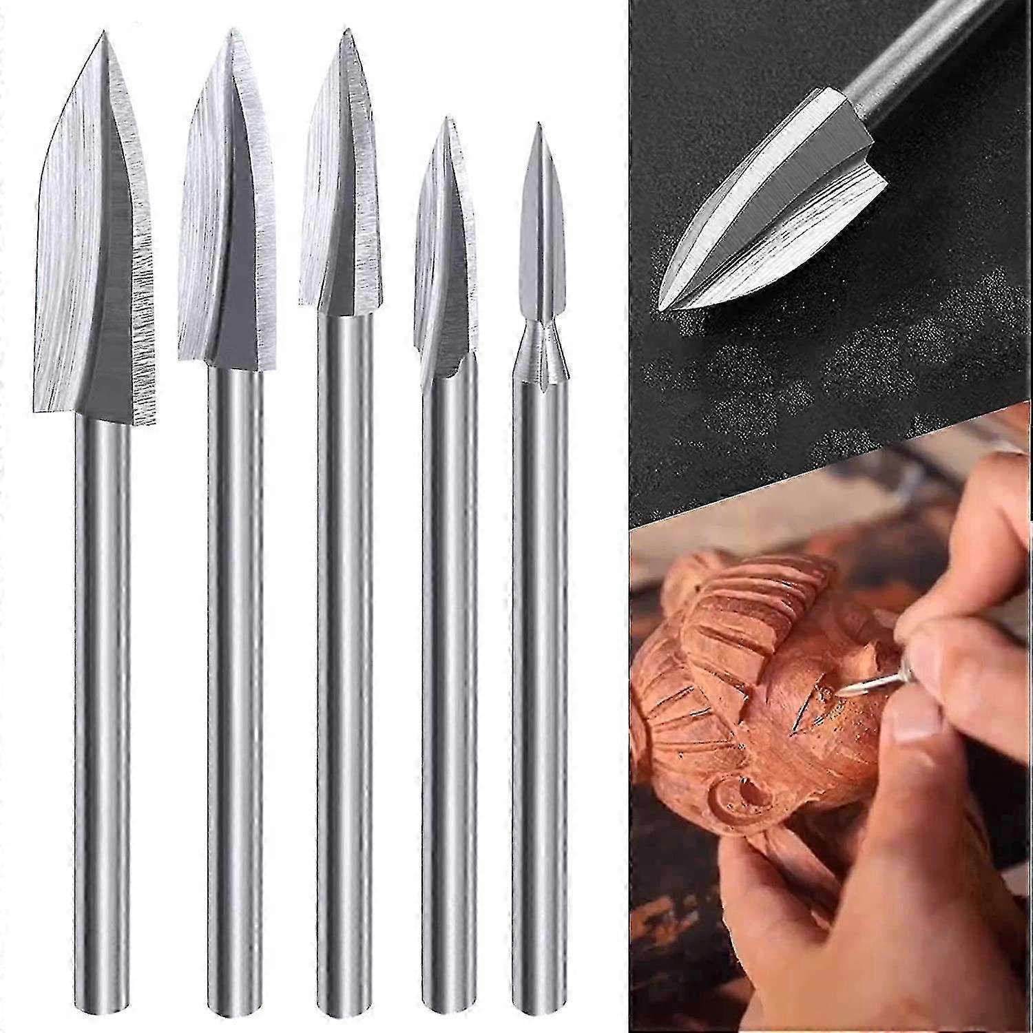 Wood Carving Rotary Tool Bit Set, 5 Piece Wood Carving Bits With 1/8" Shank For Carving, Drilling And Sanding